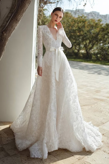 dentelle ivoire col en V manches longues robe de mariée avec ceinture